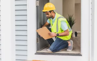 A construction man is inspecting the door hinges of a property.