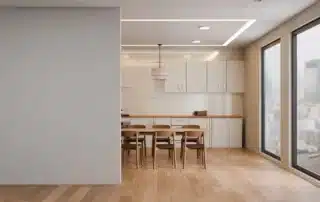 Modern kitchen interior with exposed wooden ceiling and floor and empty wall 3d rendering.