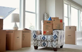 Empty, moving and boxes on sofa in home for relocation, property investment or real estate. Interior, furniture and cardboard in living room for mortgage, rent or unpacking in new apartment or house.
